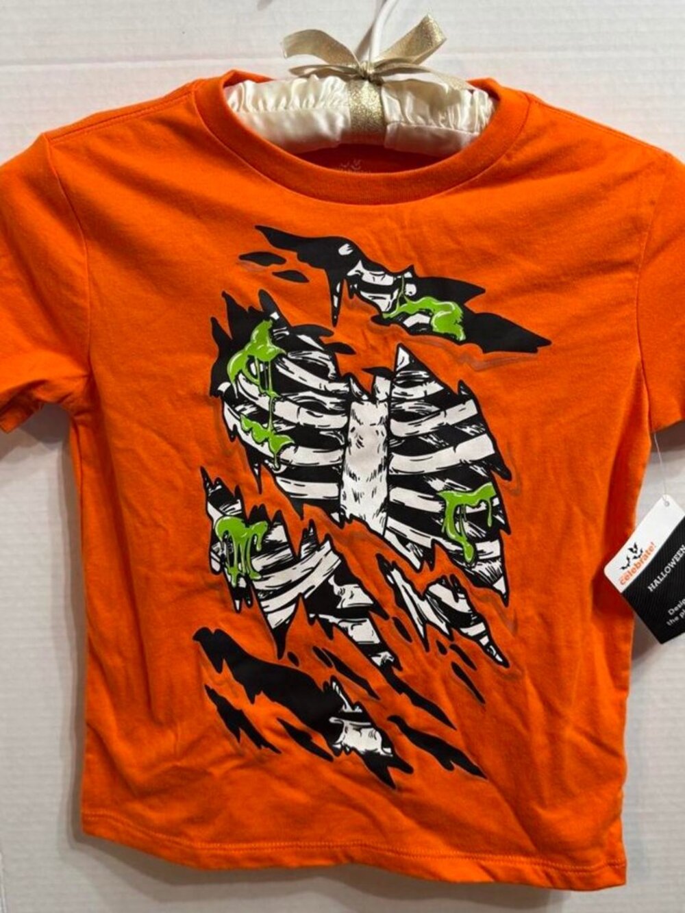 Way to Celebrate Halloween Skeleton Slime Graphic Shirt Kids XS 4-5 Orange NWT